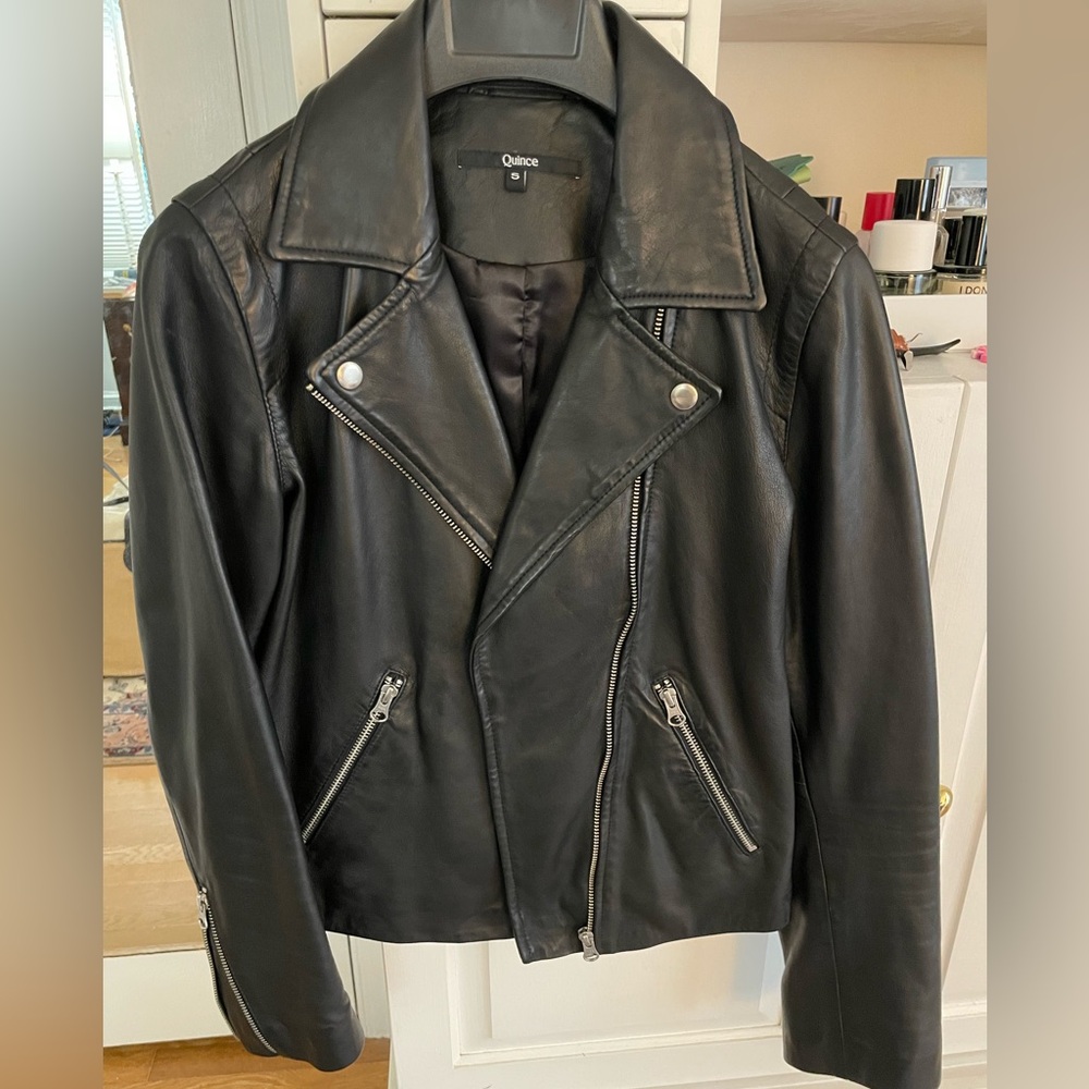 Quince 100% Washed Leather Biker Jacket in black size small - Picture 6 of 14